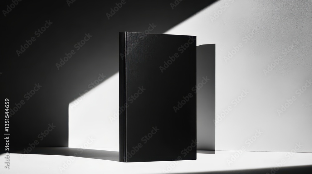A black book is placed upright against a plain background, illuminated by a dramatic play of light and shadow, creating an artistic contrast in the environment A black book is placed upright against a plain background, illuminated by a dramatic play of light and shadow, creating an artistic contrast in the environment
