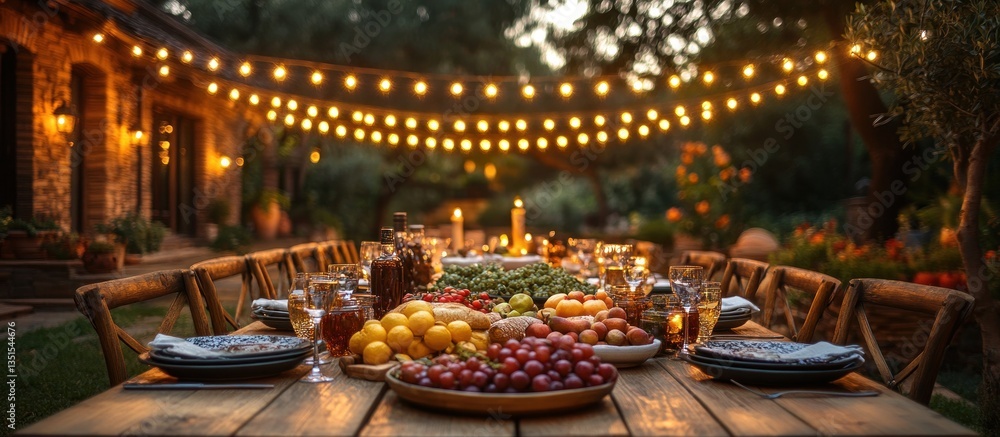 Outdoor garden party dinner table with string lights Outdoor garden party dinner table with string lights