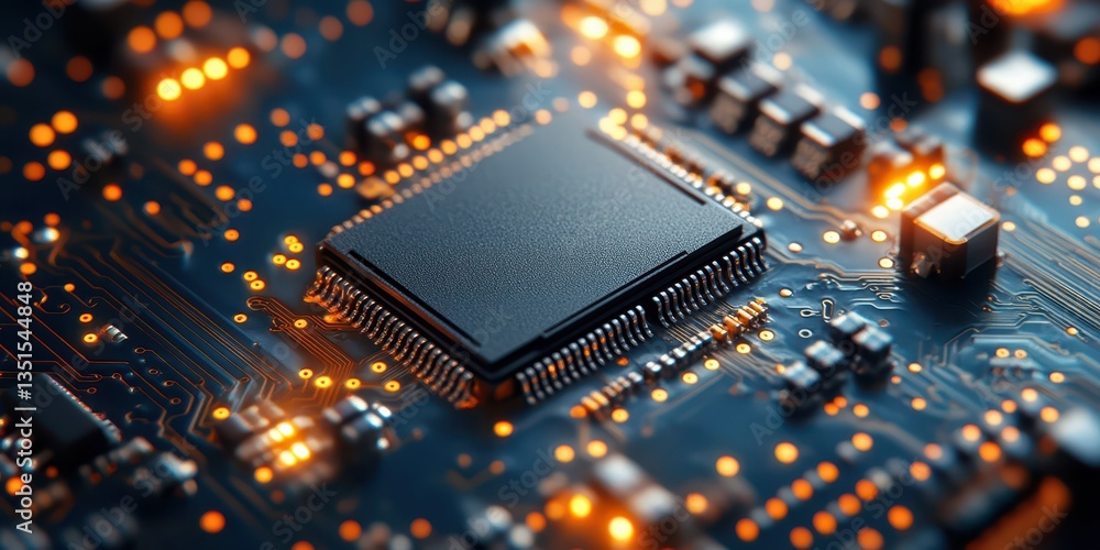 A detailed view captures a microchip centered on a circuit board, surrounded by illuminated electronic components. The setting reflects a high-tech environment A detailed view captures a microchip centered on a circuit board, surrounded by illuminated electronic components. The setting reflects a high-tech environment