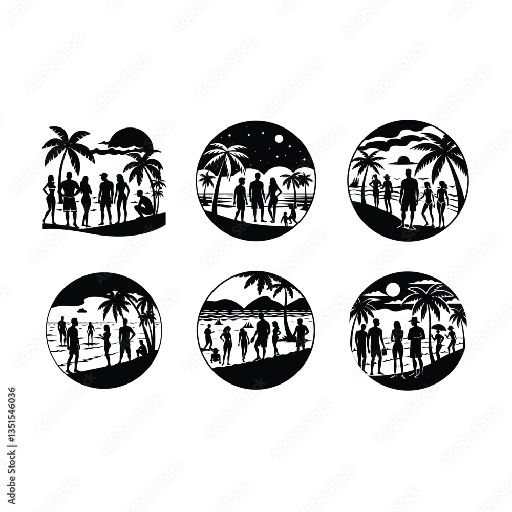 Fototapeta premium Summer Beach Silhouette - Vector Illustration of Sunset, Ocean, and Palm Trees