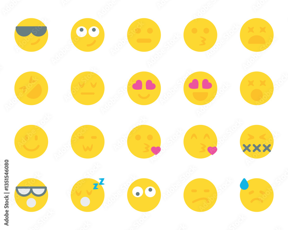 Fototapeta premium Flat color icons set for Emojis, smiley, emotion.