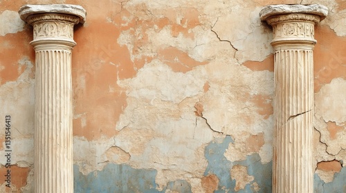Two Antique Columns Against a Distressed Wall, Architectural Photography, Classical Design, Wall Texture Keywords Columns, Texture