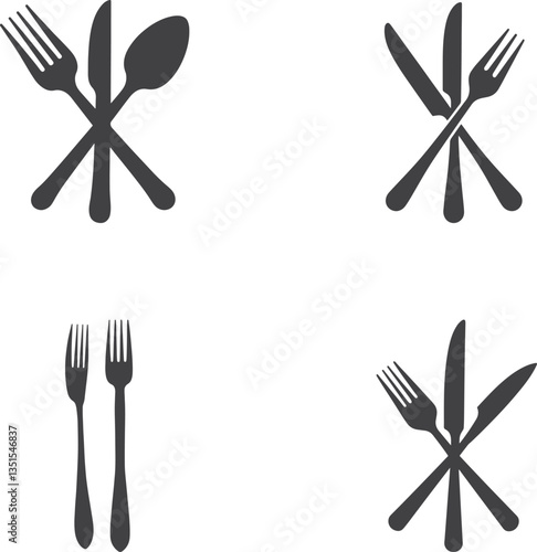 Cutlery set with crossed forks, knives, and spoon vector illustration silhouette flat design isolate on white background