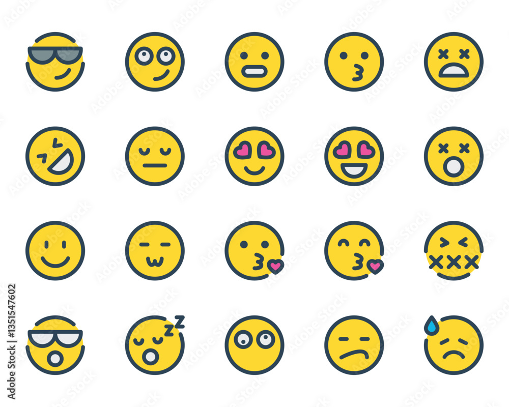 Fototapeta premium Filled outline icons set for Emojis, smiley, emotion.
