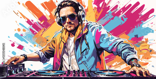 A cool DJ with sunglasses, disc jockey on turntables, colourful illustration