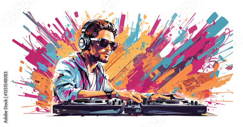 A cool DJ with sunglasses, disc jockey on turntables, colourful illustration