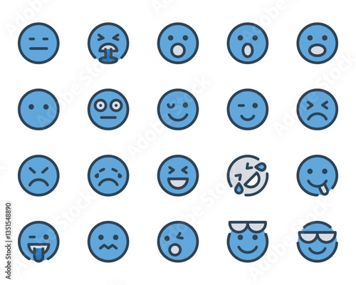 Filled blue outline icons set for Emojis, smiley, emotion.