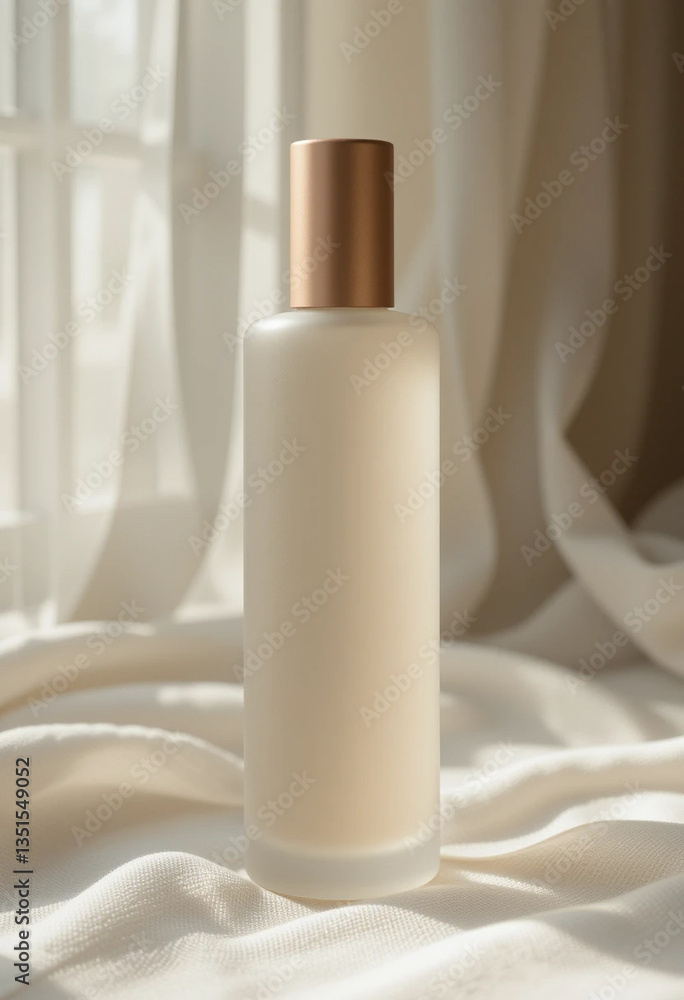 Elegant Frosted Glass Perfume Bottle with Matte Rose Gold Cap – Luxurious Product and Cosmetic Photography. Elegant Frosted Glass Perfume Bottle with Matte Rose Gold Cap – Luxurious Product and Cosmetic Photography.