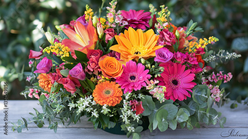 Wallpaper Mural Vibrant floral arrangement featuring mixed flowers in bright colors, set against a blurred green background Torontodigital.ca