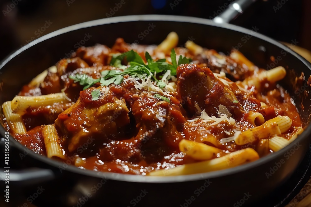 Serving of Pasta with Red Sauce and Meat in a Pan Serving of Pasta with Red Sauce and Meat in a Pan