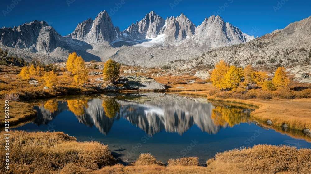 Naklejka premium Mountain Lake Reflection in Autumn with Snow-capped Peaks