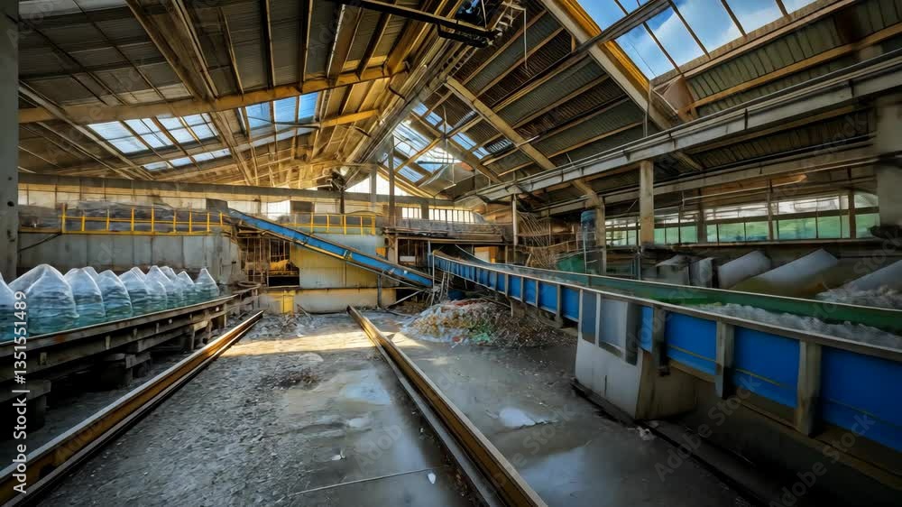 Discover an abandoned recycling factory filled with heaps of plastic and glass remnants, showcasing a forgotten industrial environment Discover an abandoned recycling factory filled with heaps of plastic and glass remnants, showcasing a forgotten industrial environment