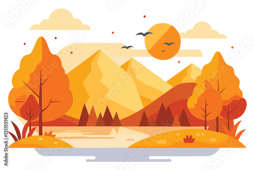Autumn Landscape Flat Design with Lake, Mountains, Forest, Sun, Birds and Clouds