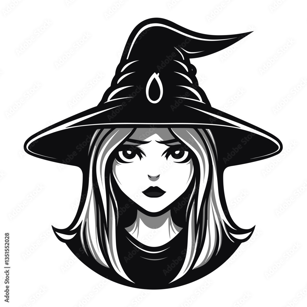 Mysterious black and white portrait illustration of a witch with a hat, perfect for Halloween and fantasy designs. Mysterious black and white portrait illustration of a witch with a hat, perfect for Halloween and fantasy designs.