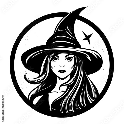 Mysterious black and white portrait illustration of a witch with a hat, perfect for Halloween and fantasy designs.