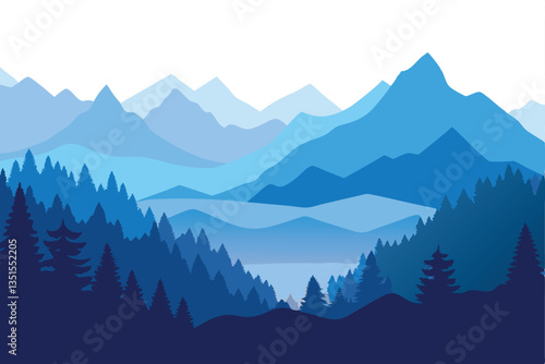 Blue Silhouette Mountain Landscape with Evergreen Forest and Layered Hills Vista