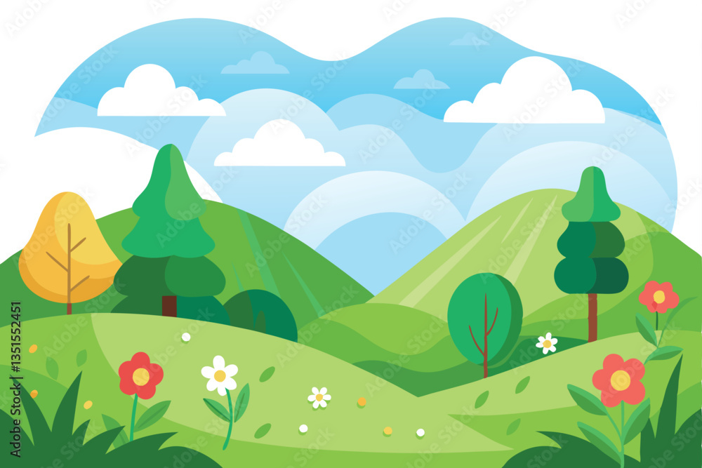 Fototapeta premium Bright Landscape Hills Trees Flowers and Sky, Illustration, Cartoon, Colorful