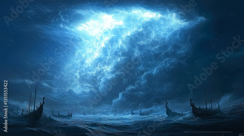 Epic Viking Ships Sailing Through a Dramatic Stormy Sea