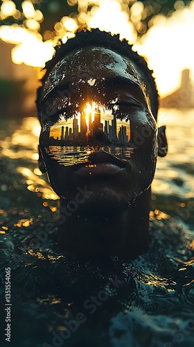 A person submerged in water with city skyline reflected inside