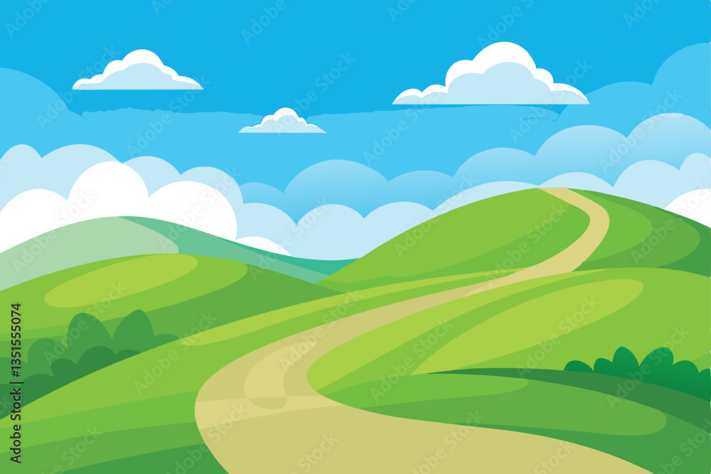 Fototapeta premium Cartoon Landscape with Blue Sky, Clouds, Hills, Greenery, and Winding Path