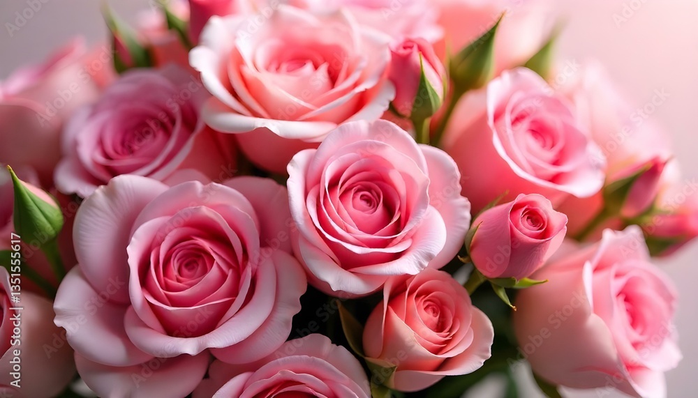Close-up shot of a lush arrangement of pink roses and buds, creating a soft, romantic atmosphere Close-up shot of a lush arrangement of pink roses and buds, creating a soft, romantic atmosphere