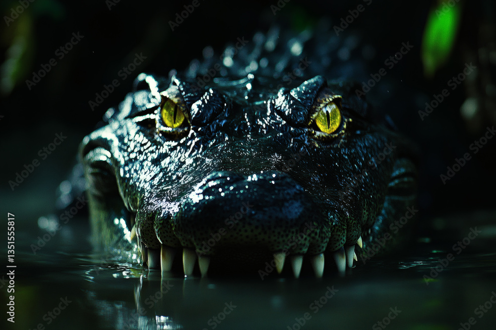 Fototapeta premium Menacing Crocodile With Glowing Eyes In Dark Swamp