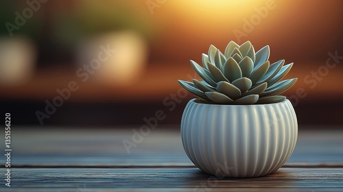 Succulent plant in a white pot on wooden table