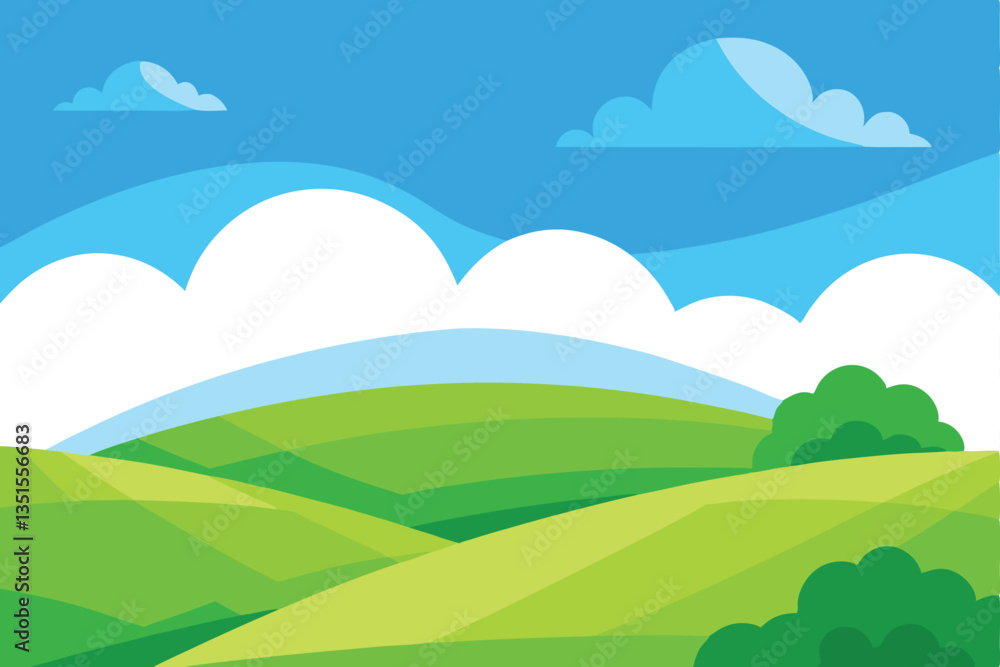Cartoon Landscape with Hills, Grassland, Blue Sky and Clouds, Nature Background Cartoon Landscape with Hills, Grassland, Blue Sky and Clouds, Nature Background