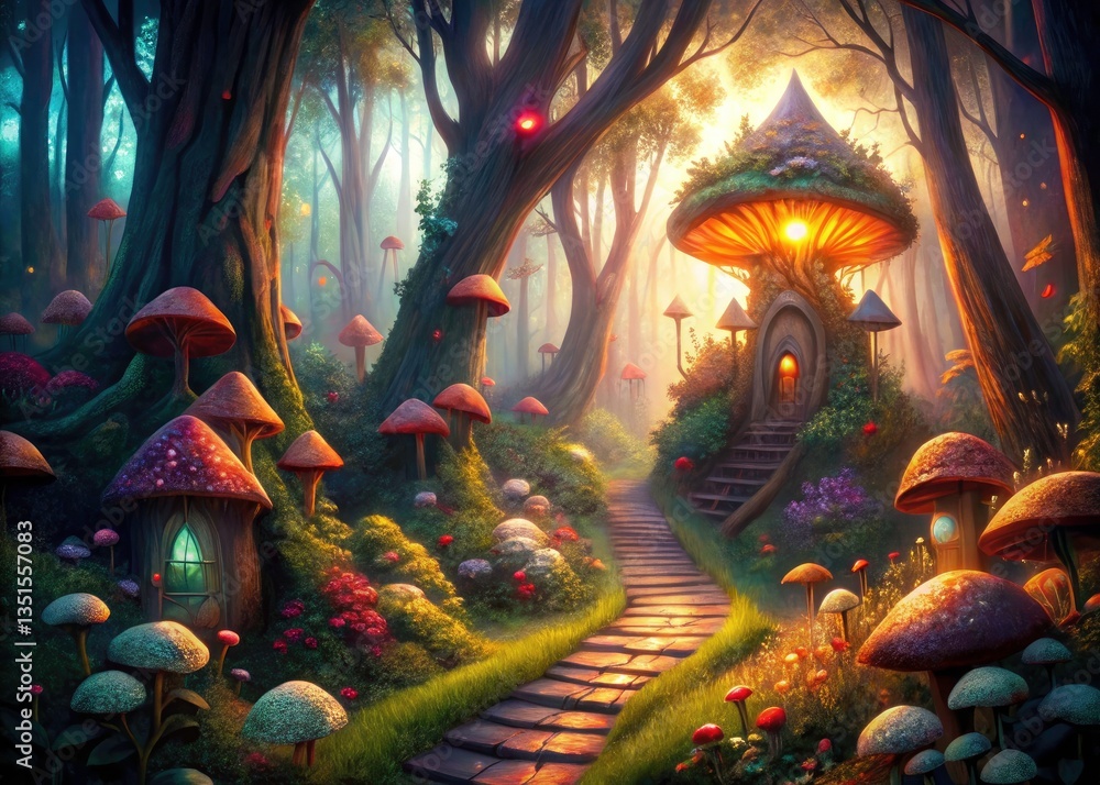 Obraz premium Enchanted Woodland Pathway Fairy Houses Double Exposure Fantasy Art
