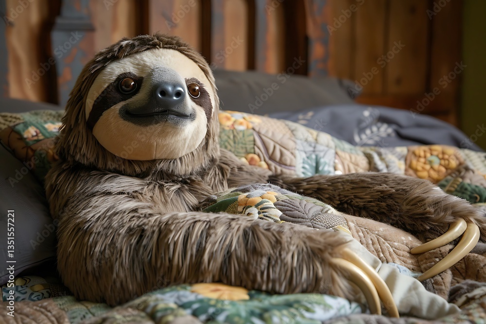 Obraz premium A giant, soft sloth plush toy with a relaxed expression, draped over a bed with a nature-themed quilt.
