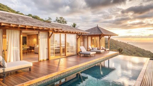Luxury Vacation Luxurious villa with an infinity pool overlooking a scenic sunset view.