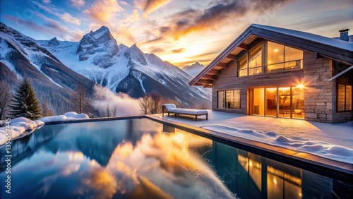 Luxury Vacation Stunning mountain villa with glass windows reflecting a serene pool and vibrant sunset colors.