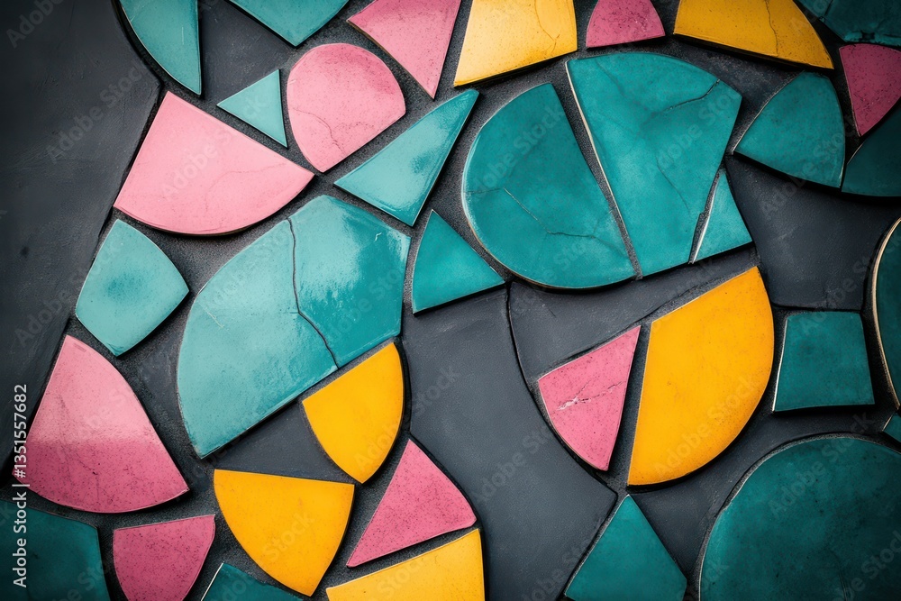 Fototapeta premium A close-up of a colorful abstract mosaic, with tiles in shades of teal, pink, and yellow, arranged in geometric shapes like circles and triangles