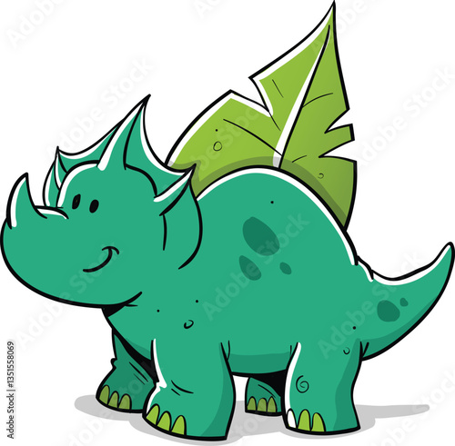 tricerotops dinosaur in front of big green leaf