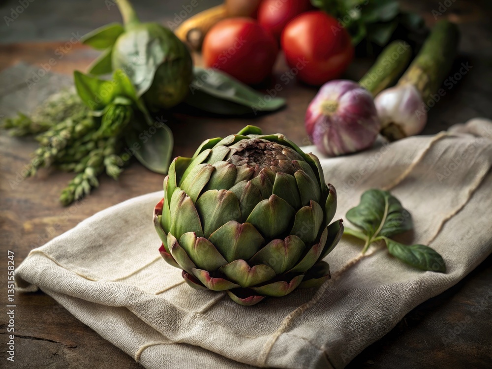 Obraz premium Fresh Artichoke & Linen: Healthy Cooking Ingredients Background, Kitchen Aesthetics, High Depth of Field Photography