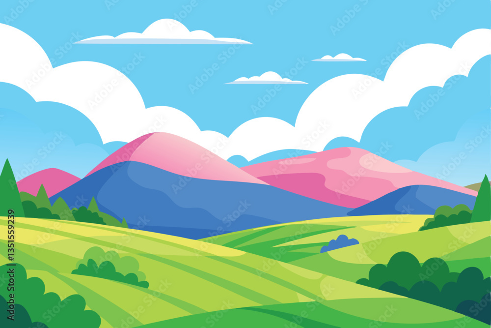Obraz premium Cartoon Landscape with Pink Mountains, Green Fields, Trees, and Blue Sky with Clouds