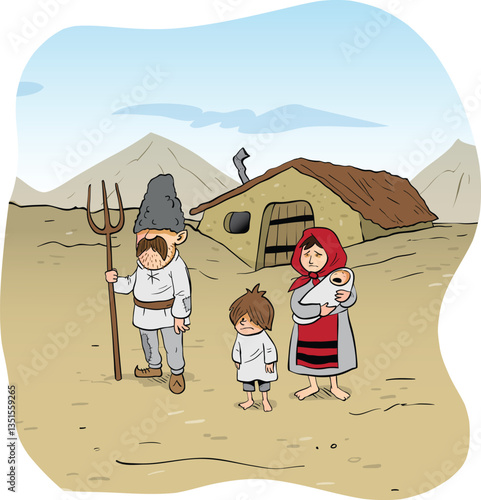 Poor medieval family and shanty derelict house