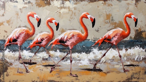 Majestic Flamingos by the Shore: A Vibrant Coastal Painting