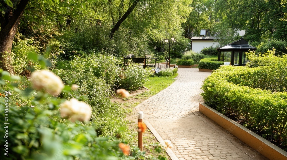 Fototapeta premium Winding paths in lush hedge maze bordered by dense greenery.