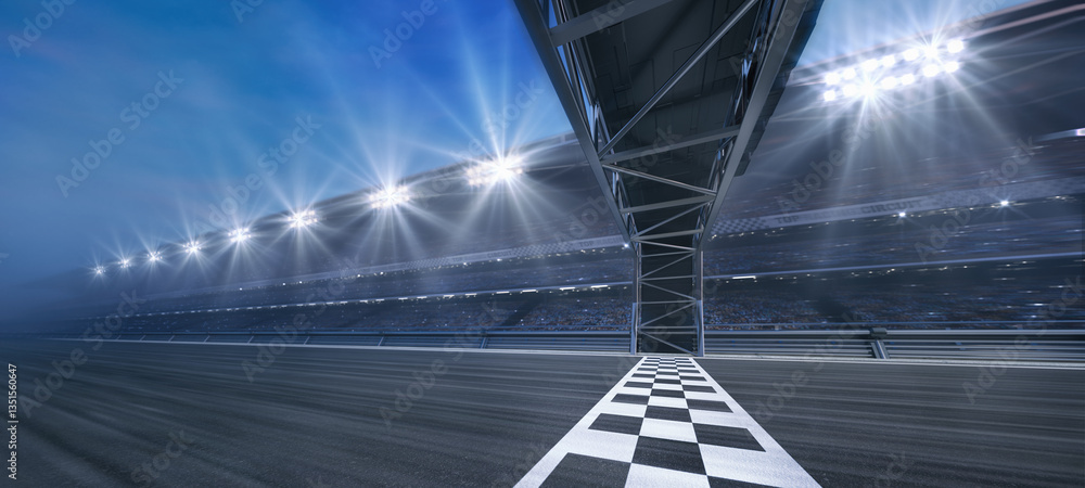 Naklejka premium Passing Finish line on a race track with metal gate construction and floodlights illuminating sports racing stadium. Professional 3D illustration for sports advertising.