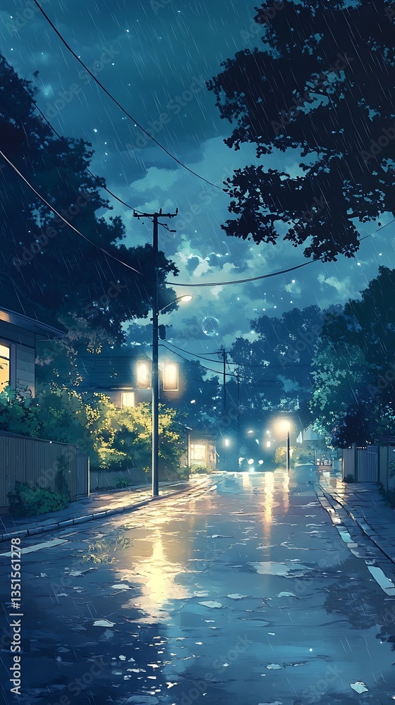 Rainy suburban street scene with houses and streetlights at night