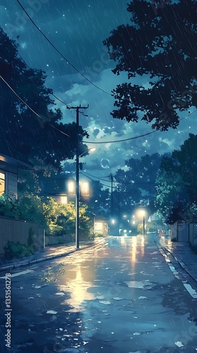Obraz na płótnie Rainy suburban street scene with houses and streetlights at night w salonie