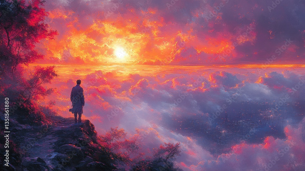 Obraz premium A solitary figure observes an expansive sunset over a misty landscape