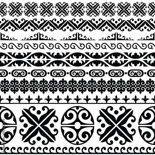 Ethnic background on the theme of Altai national ornament, seamless border set, vector design