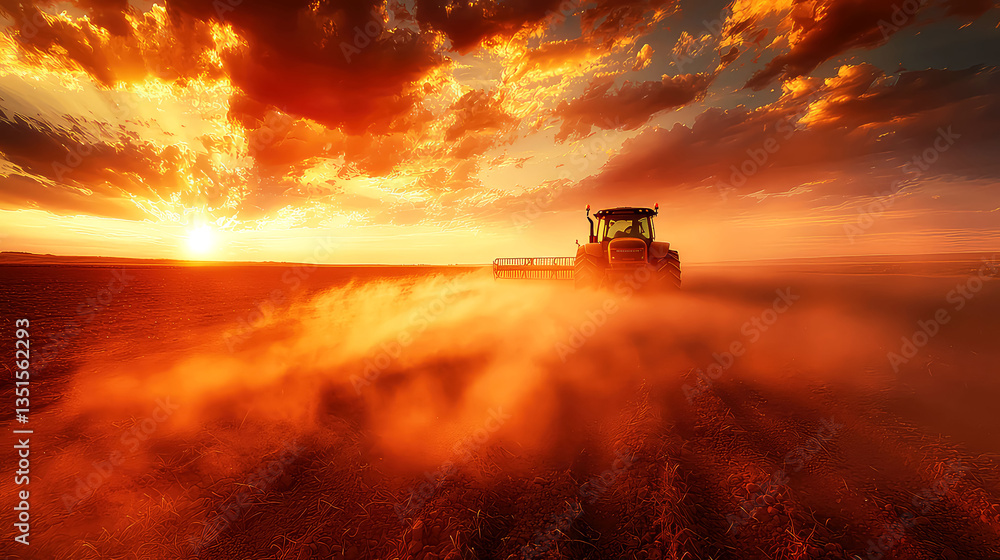 Fototapeta premium Majestic Sunset over Farmland: Tractor at Golden Hour