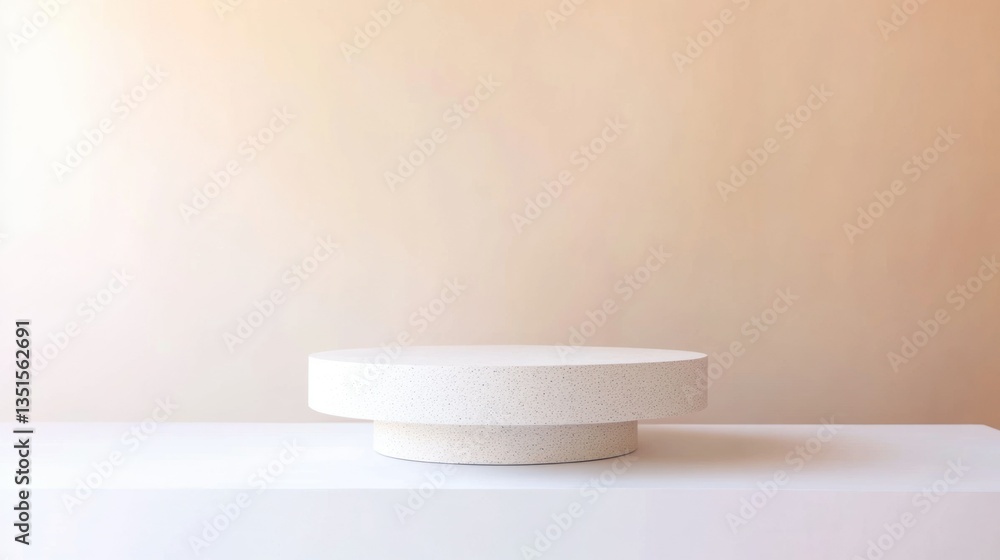 White pedestal display stand on white surface, soft peach background White pedestal display stand on white surface, soft peach background