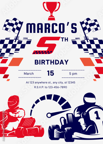 Race Birthday party invitation template vector illustration. Birthday boy invitation card design.