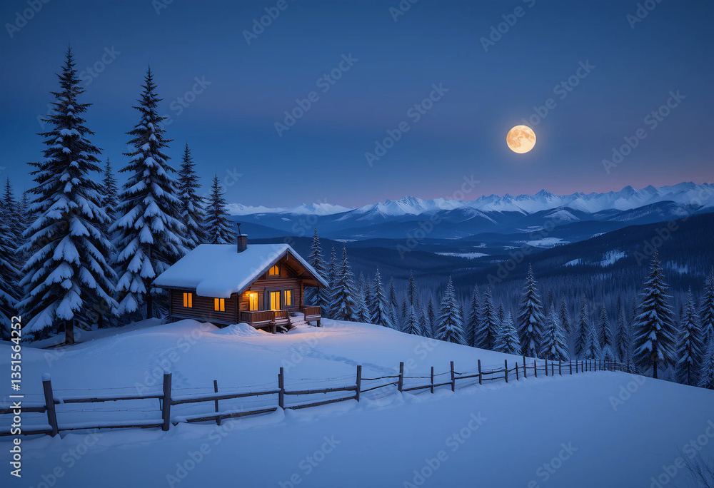 Naklejka premium Winter cabin in the snowy mountain landscape