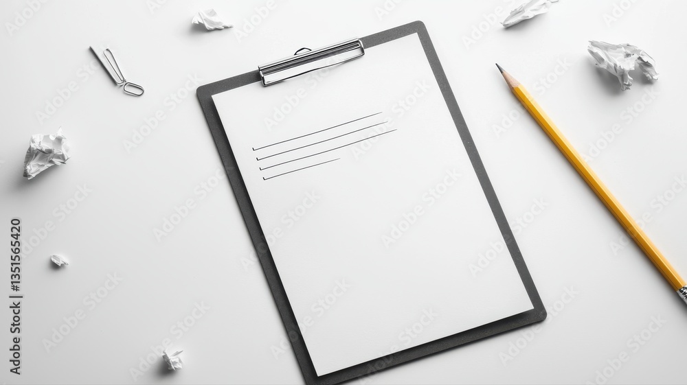 Minimalistic office desk featuring blank clipboard, pencil, and crumpled paper for creative brainstorming. Minimalistic office desk featuring blank clipboard, pencil, and crumpled paper for creative brainstorming.