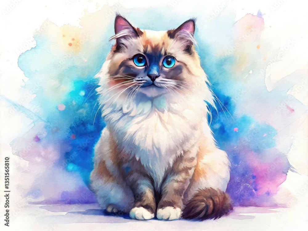 Fototapeta premium Grumpy Ragdoll Cat Watercolor Clipart, Cute Panoramic Illustration, Soft Colors, White Background, Pet Portrait